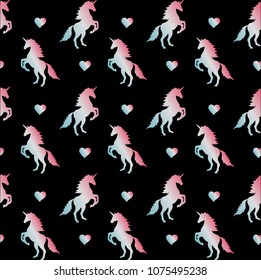 seamless vector holographic unicorn and heart pattern on black background