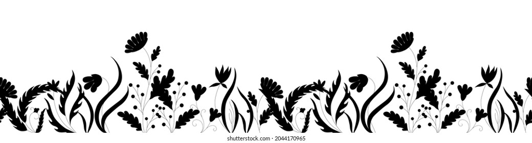 Seamless vector horizontal border of contour black plants. Wildflowers and herbs are hand drawn in ink. Stock illustration isolated on white background. Design for template, label.