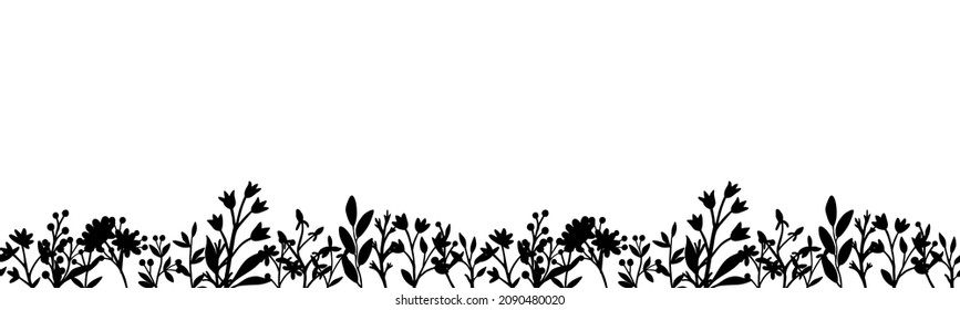 Seamless vector horizontal border of contour black plants. Wildflowers and herbs are hand drawn in ink. Stock illustration isolated on white background. Design for template, label.