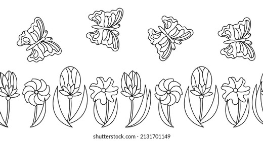Seamless vector horizontal borders with flowers leaves and butterfly. Coloring page for adults, design elements, Black and white hand-drawn illustration