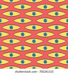 Seamless vector horizontal minimal abstract colorful bright pattern. Stylized eyes in yellow, blue and black on red background. Gift wrapping paper, interior, cloth, fabric, web design.