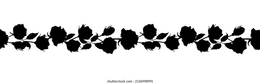 Seamless vector horizontal ornament of black silhouettes of blooming roses. Natural botanical elements of flowers, leaves, branches isolated on white background. Design for cosmetics, labels.