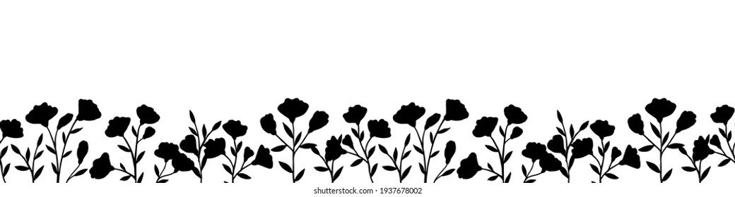 Ornamento horizontal vectorial transparente de hierbas y plantas de campo. Las siluetas negras de flores medicinales se dibujan con tinta a mano. Diseño en un fondo blanco para cosméticos, afiches, banner, plantilla.