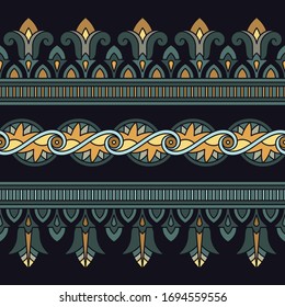 Seamless vector horizontal pattern based on the Egyptian national ornament with lotus flower in a linear style on brown background.