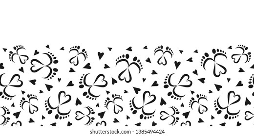Seamless Vector Horizontal  Pattern Border of Baby Feet  and Hearts 