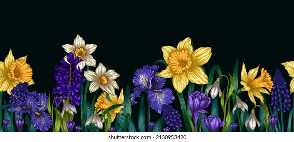 Seamless vector horizontal pattern garden of spring graphic linear colored flowers. Daffodils, irises, muscari, snowdrops, hyacinths, crocuses, muscari