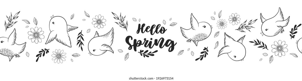 Seamless vector horizontal pattern with hand drawn leaves, flowers and cute birds isolated on white background. Design for decoration, print, fabric, wallpaper, card
