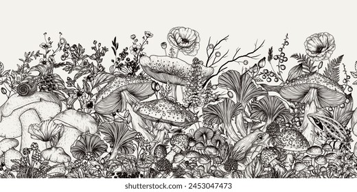 Seamless vector horizontal pattern of mushroom forest in engraving style. Fly agaric, porcini mushroom, chanterelles, honey mushrooms, forest plants, flowers