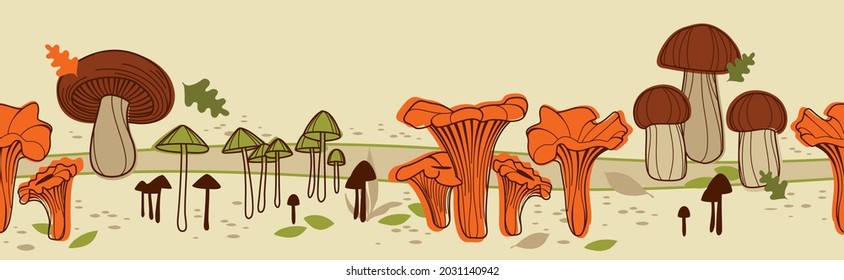 Seamless vector horizontal stripe of various edible and inedible mushrooms. Rough boletus, сhanterelle mushrooms, toadstool and leaves. To pick up mushrooms. Vector illustration. Beige background