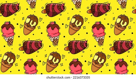 Seamless vector ice cream background in happy bright colors for your design (birthday party, wedding celebration, wrapping paper, textile, wallpaper)