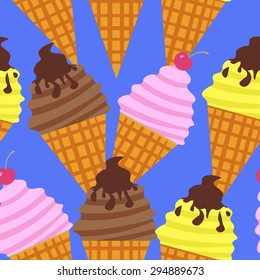 Seamless vector ice cream pattern. Desert elements background. Ice cream cone