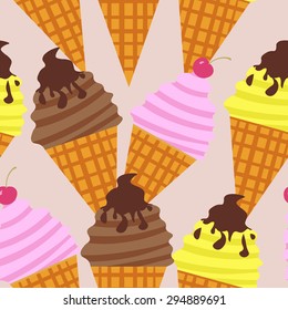 Seamless vector ice cream pattern. Desert elements background. Ice cream cone