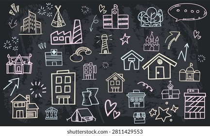 A seamless vector icon pattern of industrial factories and public sector buildings drawn with chalk on a black chalkboard texture.