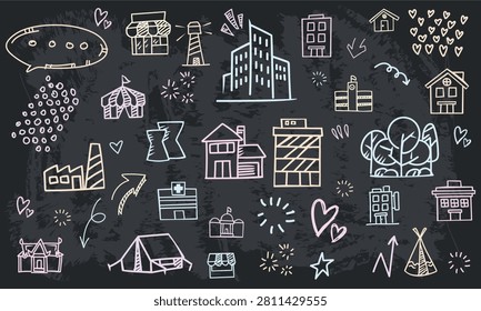 A seamless vector icon pattern of metropolis public buildings and facilities drawn with chalk on a black chalkboard texture.