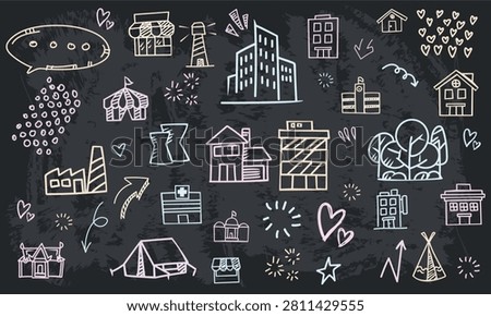 A seamless vector icon pattern of metropolis public buildings and facilities drawn with chalk on a black chalkboard texture.