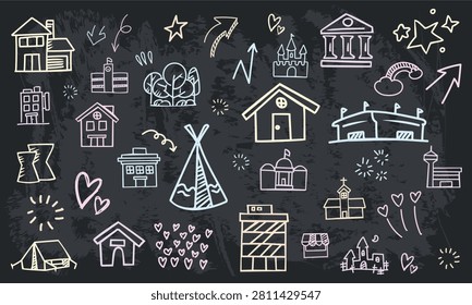 A seamless vector icon pattern of real estate town planning and hospitality buildings drawn with chalk on a black chalkboard.
