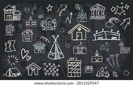 A seamless vector icon pattern of real estate town planning and hospitality buildings drawn with chalk on a black chalkboard.
