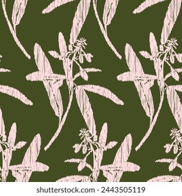 Seamless vector ikat floral pattern on green background.