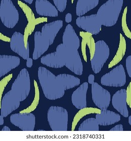 Seamless vector ikat pattern with blue flowers.