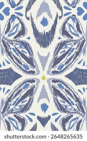 Seamless vector Ikat pattern in blue, grey, and white tones inspired by traditional ethnic textile designs. Perfect for bohemian dresses, summer apparel, resort wear, bedding, home decor, wallpaper