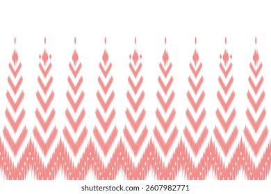 Seamless vector ikat pattern in coral pink with boho chevron elements. Great for fashion prints, ethnic packaging, and handcrafted textile design.