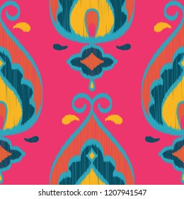 Seamless Vector Ikat Textured Teardrop Paisley Geometric Pattern in Hot Pink, Teal, Orange, and Navy. Great for apparel, home decor, textiles, stationery, wallpaper, backgrounds, scrapbooking, etc.