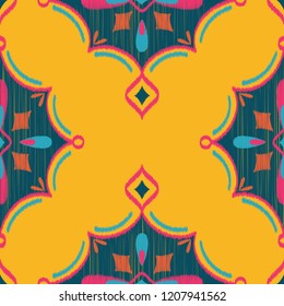 Seamless Vector Ikat Textured Teardrop Diamond Geometric Pattern in Yellow, Hot Pink, Navy, and Teal. Great for apparel, home decor, textiles, stationery, wallpaper, backgrounds, scrapbooking, etc.