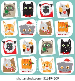 Seamless vector illustrated cartoon Christmas cats background. Cute animal tile pattern. New Year wrapping paper texture