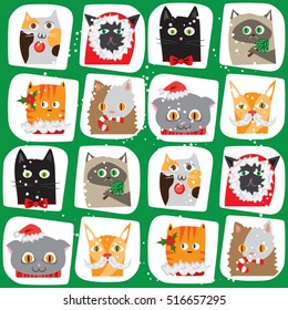 Seamless vector illustrated cartoon Christmas cats background. Cute animal tile pattern. New Year wrapping paper texture