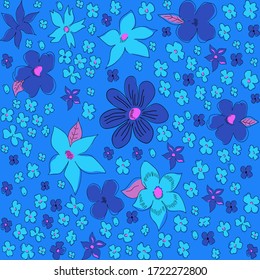 Nahtlose Vektorgrafik mit abstrakten blauen Blumen. Ditsy-Druck. Elegante Vorlage für Modedrucke. Zartes Blumenmuster auf blauem Hintergrund. Mehr Blumenmuster in meinen Sammlungen. 