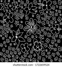 Seamless vector illustration with abstract flowers. Silhouette with white flowers on a black background. Textile, print pattern. More flowers patterns in my collections. 