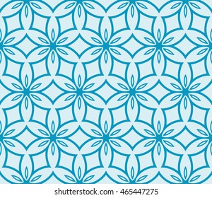 Seamless vector illustration with abstract flowers derived from the transformation of the circles. For the design, printing, greeting cards. Blue.