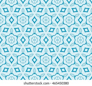 Seamless vector illustration with abstract flowers derived from the transformation of the circles. For the design, printing, greeting cards. Blue.