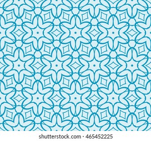Seamless vector illustration with abstract flowers derived from the transformation of the circles. For the design, printing, greeting cards. Blue.