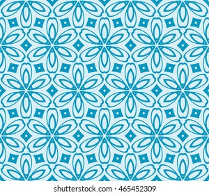 Seamless vector illustration with abstract flowers derived from the transformation of the circles. For the design, printing, greeting cards. Blue.