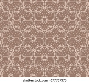 Seamless vector illustration with abstract flowers derived from the transformation of geometric shape. For the design, printing, greeting cards. Skin color tone.