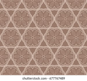 Seamless vector illustration with abstract flowers derived from the transformation of geometric shape. For the design, printing, greeting cards. Skin color tone.