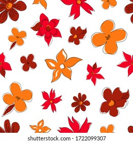 Ilustración vectorial transparente con flores abstractas de color rojo y naranja. Elegante plantilla para impresiones de moda. Delicado patrón floral sobre un fondo blanco. 