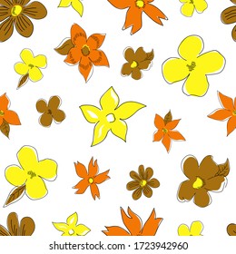 Ilustración vectorial transparente con flores abstractas amarillas y naranjas. Elegante plantilla para impresiones de moda. Delicado patrón floral sobre un fondo blanco. Más patrones de flores en mis colecciones.