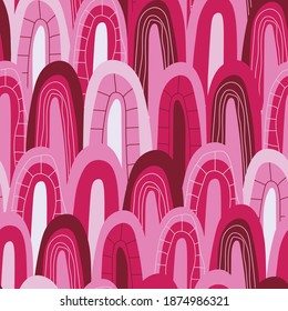 Seamless vector illustration. Abstraction in pink and red shades. Resembles tree crowns.