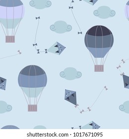 Seamless vector illustration. Air airship and air a kite on a blue background. For decorating fabrics, packaging and wallpaper.