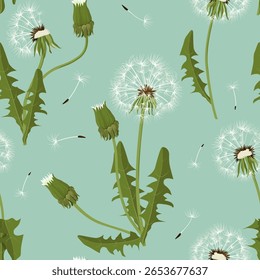 Ilustración vectorial sin fisuras con diente de león aireado sobre un fondo azul. Para la decoración de textiles, embalaje