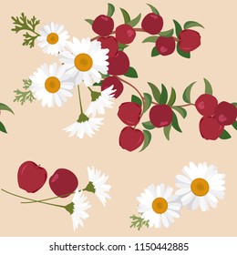 Seamless vector illustration with apples and daisies on a beige background. For decoration of textiles, packaging and web design.