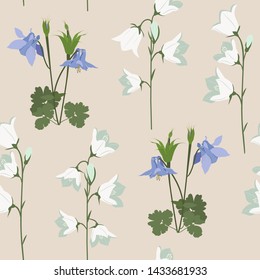 Seamless vector illustration with aquilegia and campanula. For decorating textiles, packaging, web design.