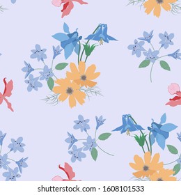 Seamless vector illustration with aquilegia flowers on a blue background. For decoration of textiles, packaging, web design, wallpaper.