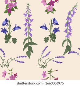 Seamless vector illustration with aquilegia, lavender and campanula on a beige background. For decorating textiles, packaging, web design.