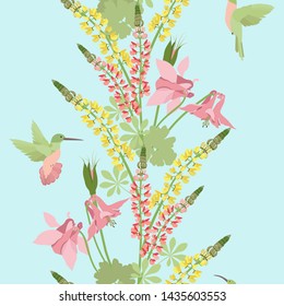 Seamless vector illustration with aquilegia, lupine flowers and hummingbirds on a blue background . For decorating textiles, packaging, covers, wallpaper.