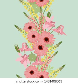 Seamless vector illustration with aquilegia, lupine flowers and gerbera on a green background . For decorating textiles, packaging, covers, wallpaper.