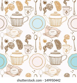  Seamless vector illustration with aromatic tea and bakery.