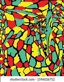 seamless vector illustration art background pattern with giraffe, red, green, black and yellow